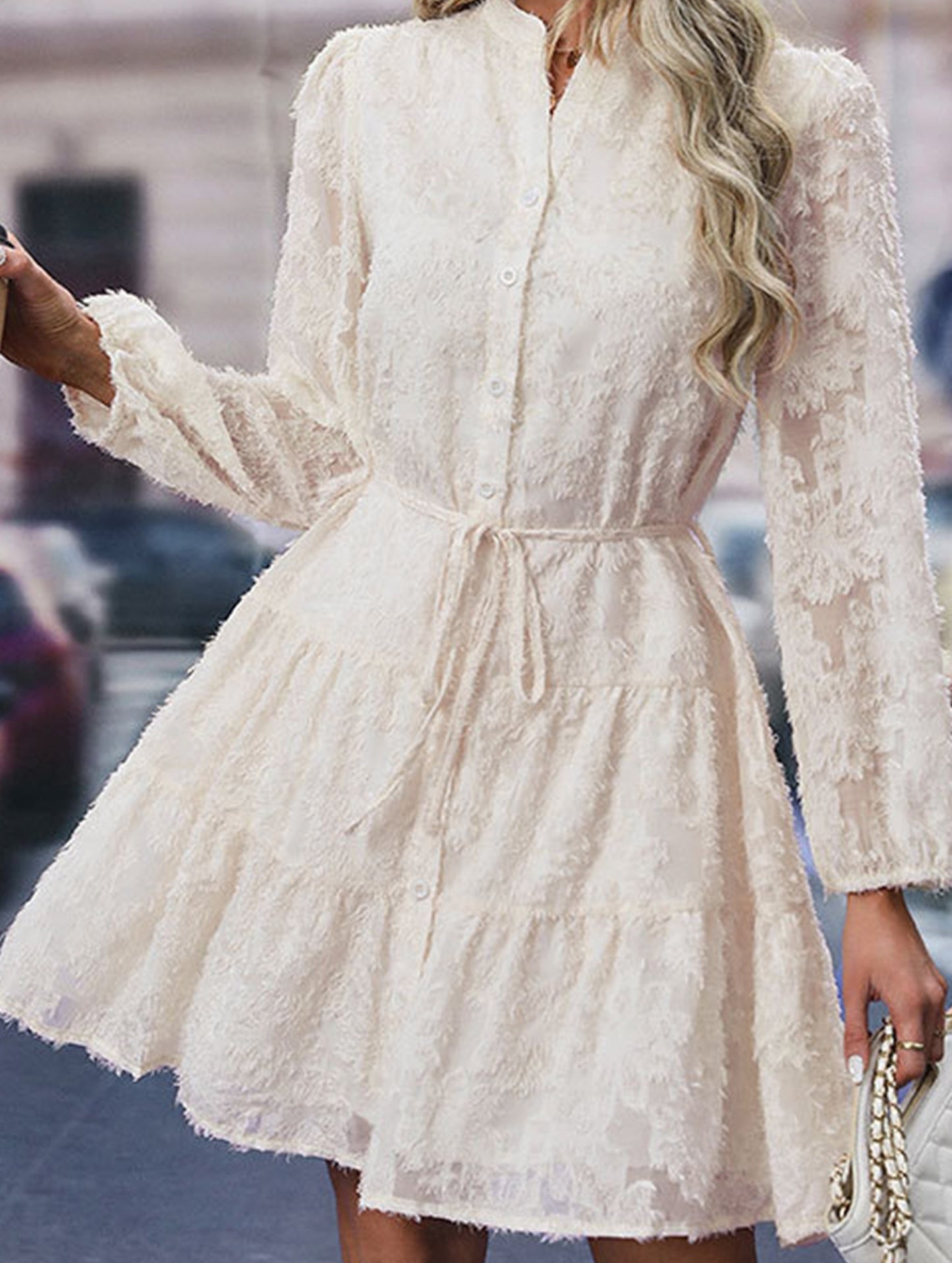Retro style lace long sleeve puff sleeve dress