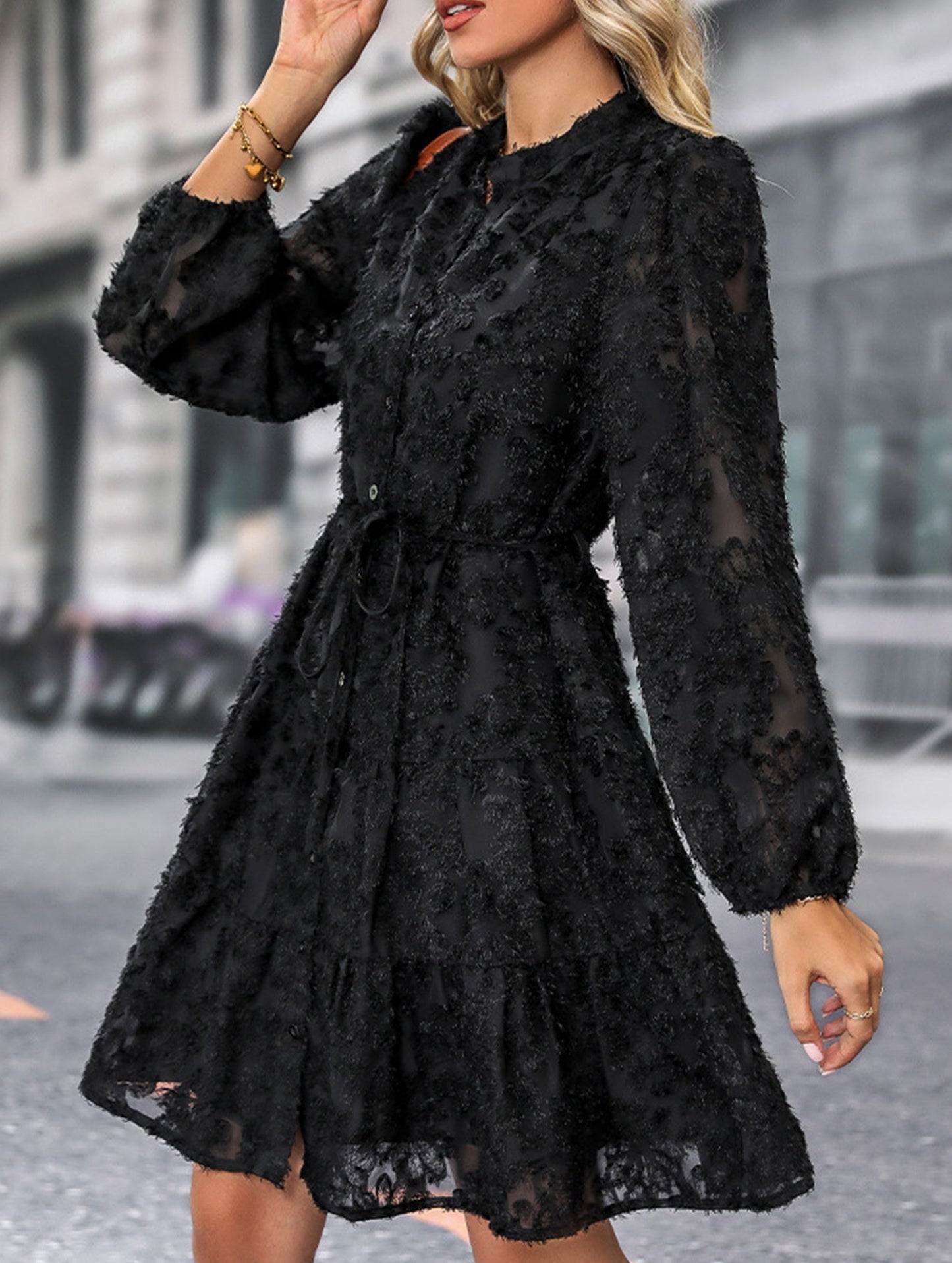 Retro style lace long sleeve puff sleeve dress