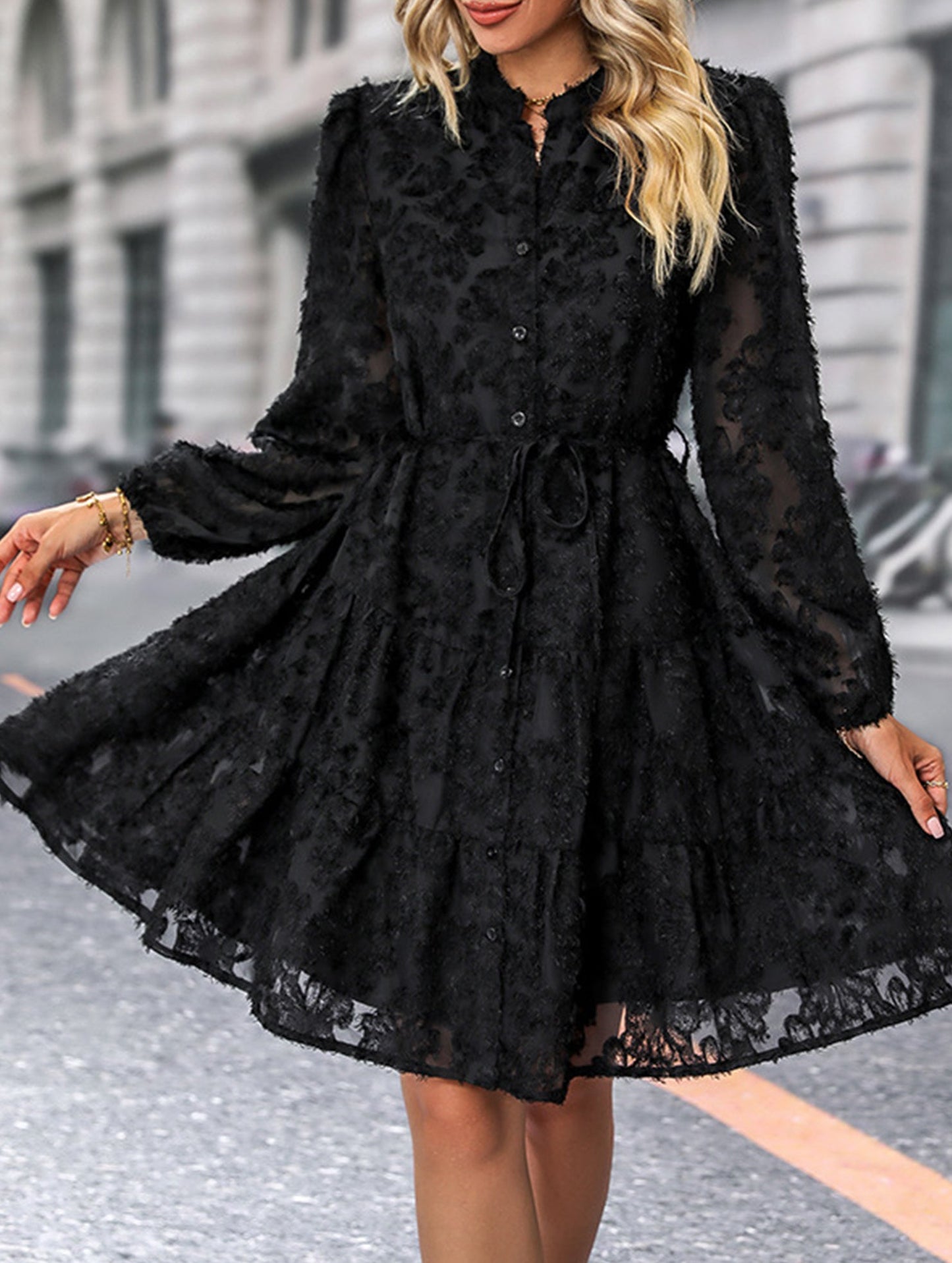 Retro style lace long sleeve puff sleeve dress