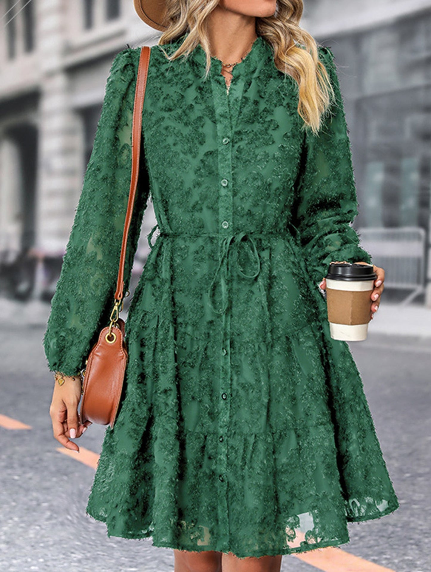 Retro style lace long sleeve puff sleeve dress