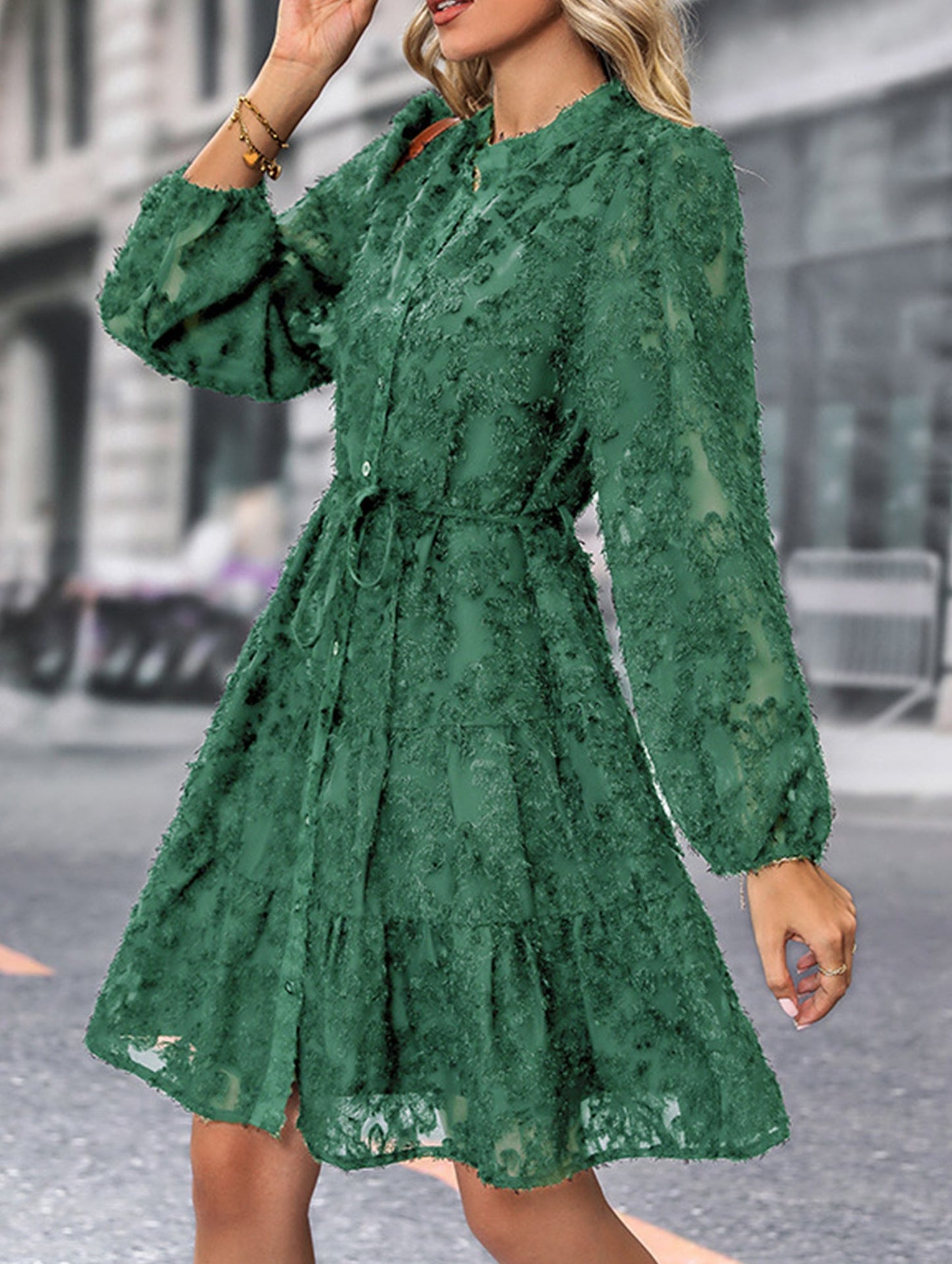 Retro style lace long sleeve puff sleeve dress