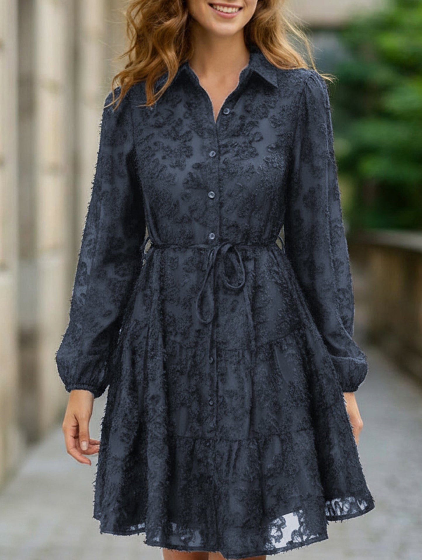 Retro style lace long sleeve puff sleeve dress