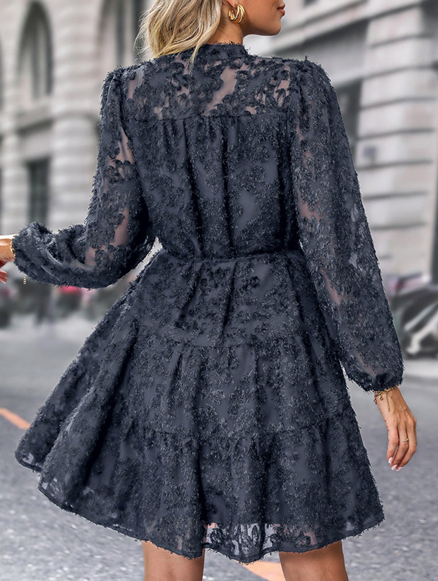 Retro style lace long sleeve puff sleeve dress