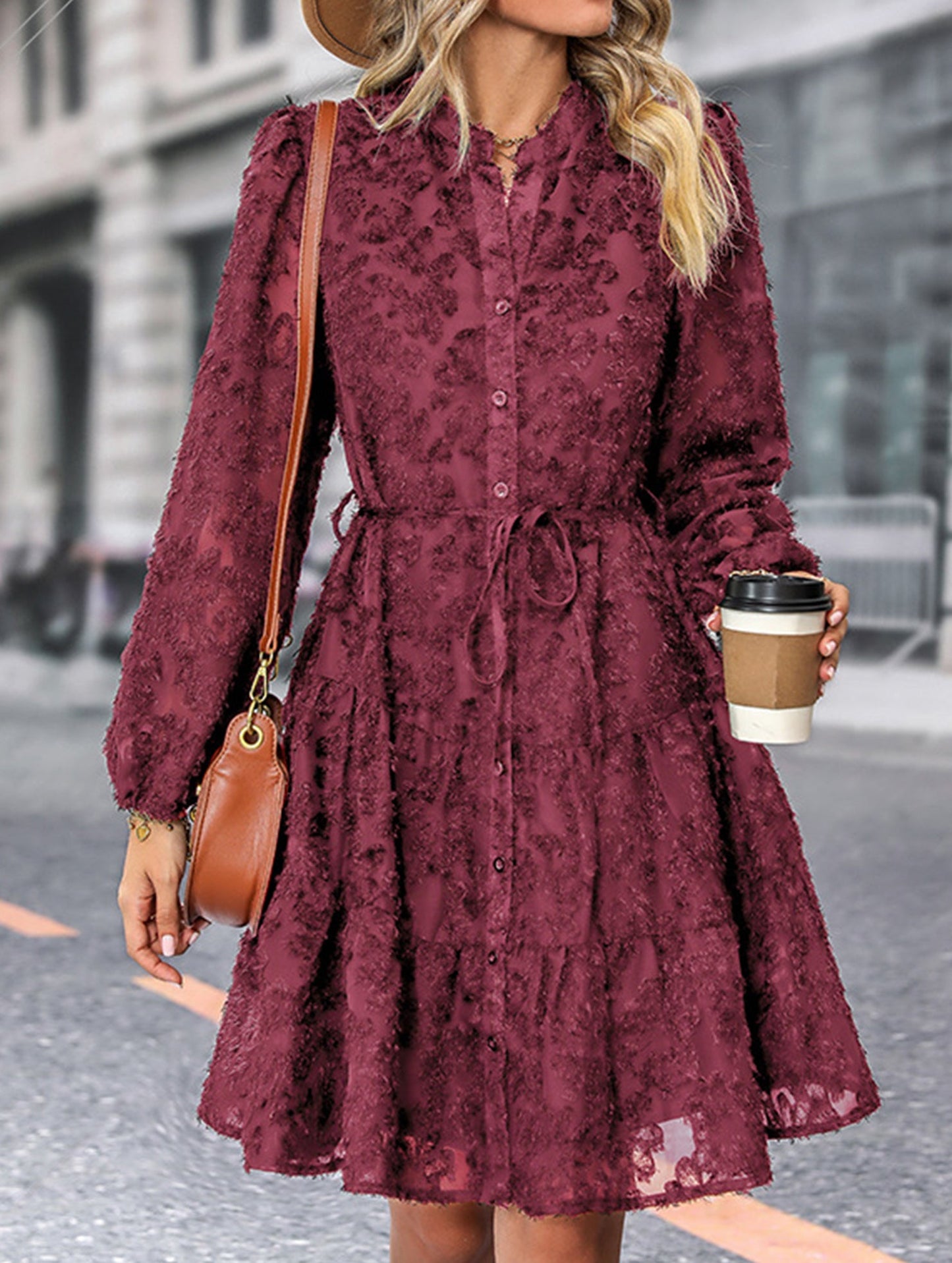 Retro style lace long sleeve puff sleeve dress