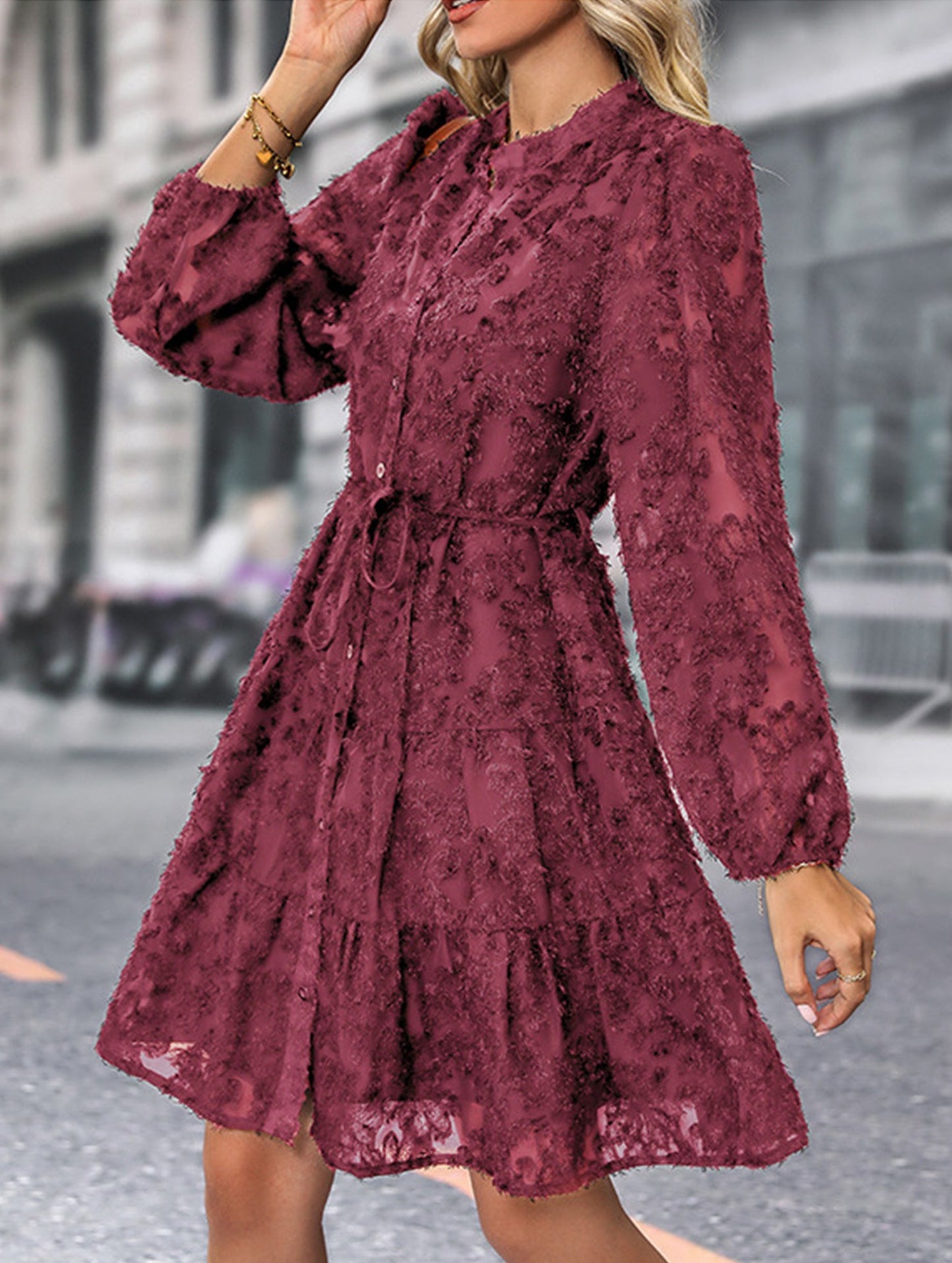 Retro style lace long sleeve puff sleeve dress