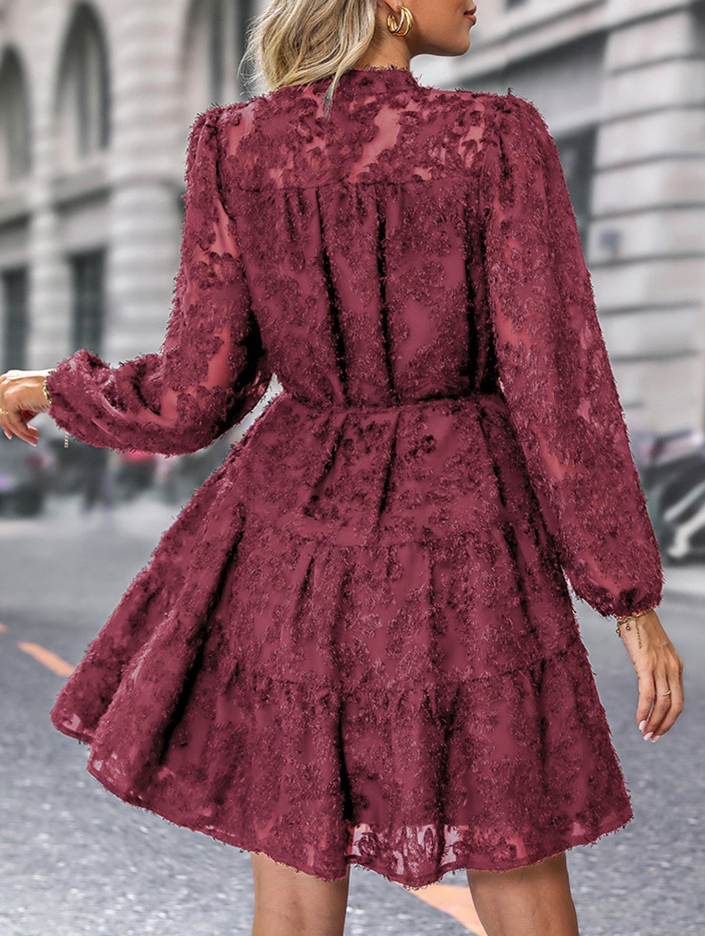 Retro style lace long sleeve puff sleeve dress