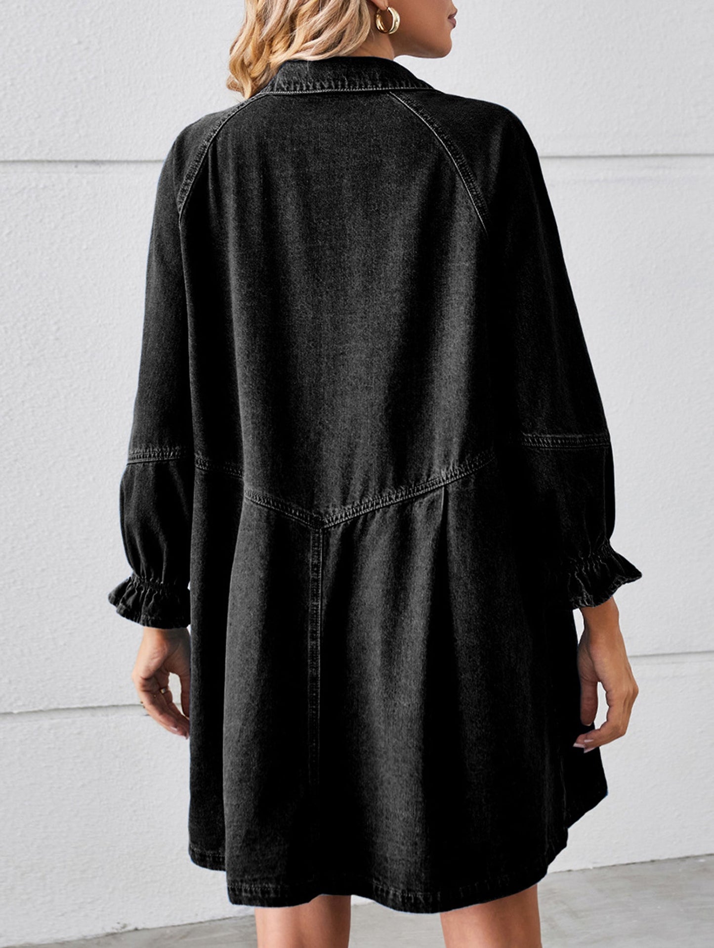 Loose washed long-sleeved patchwork denim dress