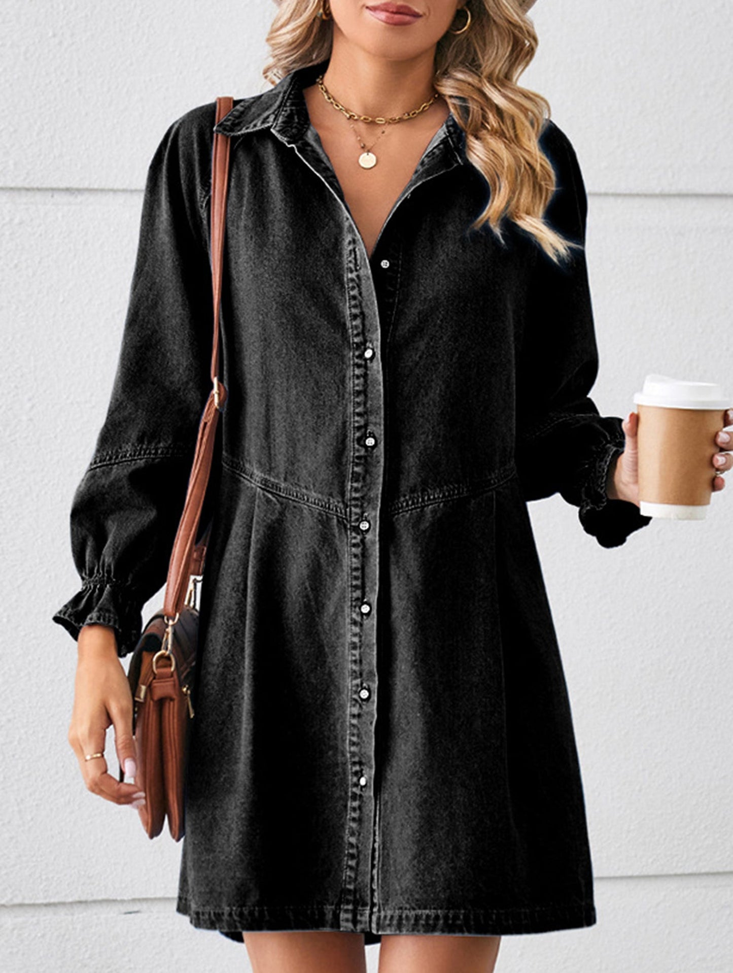 Loose washed long-sleeved patchwork denim dress