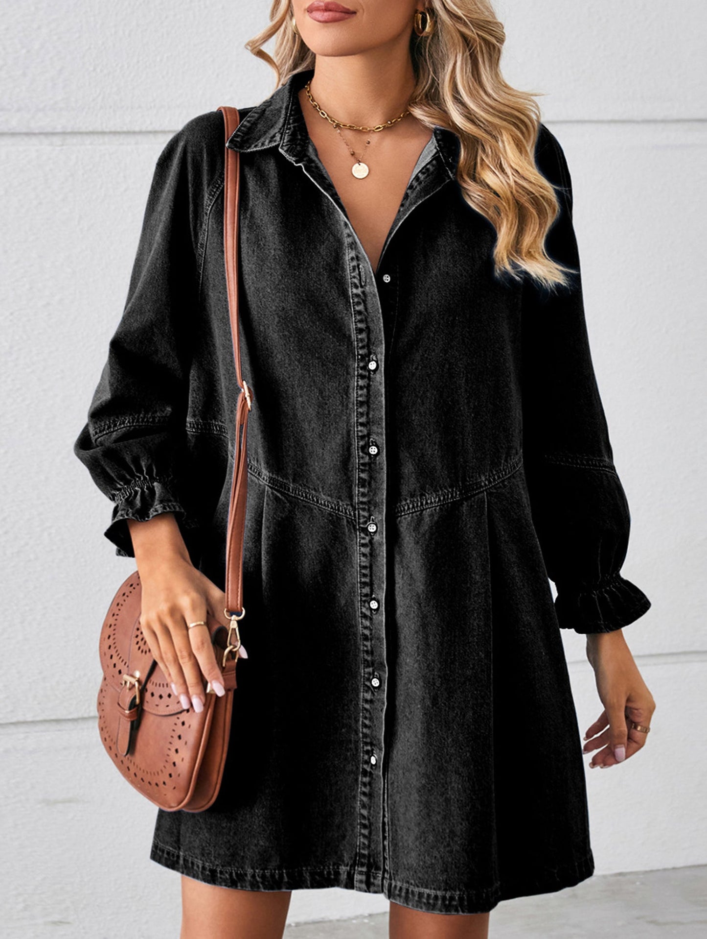 Loose washed long-sleeved patchwork denim dress