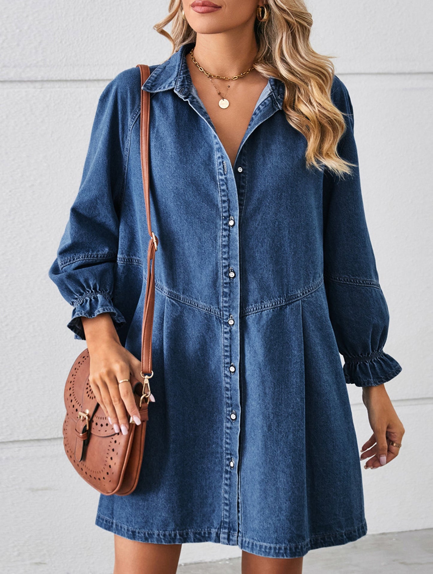 Loose washed long-sleeved patchwork denim dress