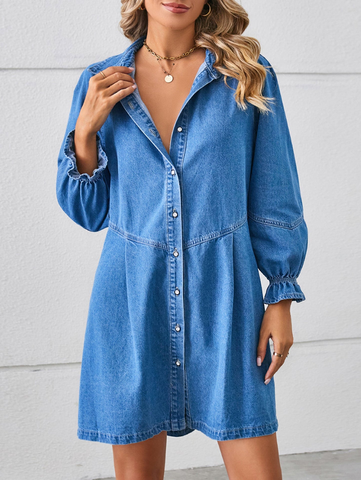 Loose washed long-sleeved patchwork denim dress