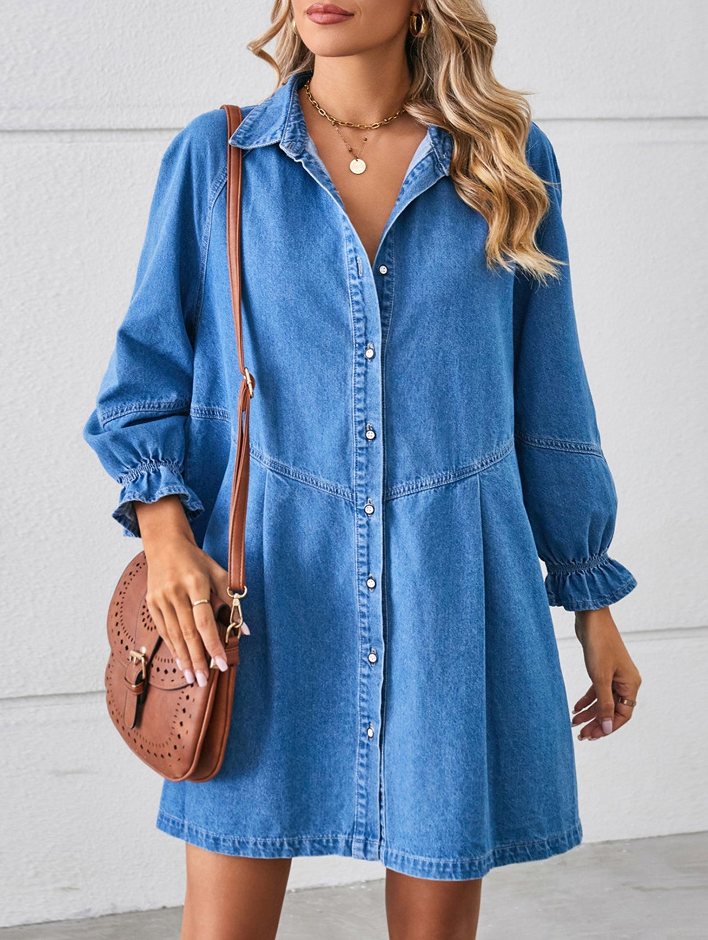Loose washed long-sleeved patchwork denim dress