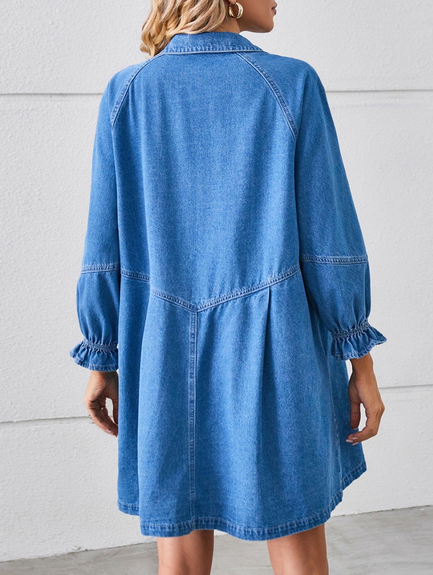 Loose washed long-sleeved patchwork denim dress
