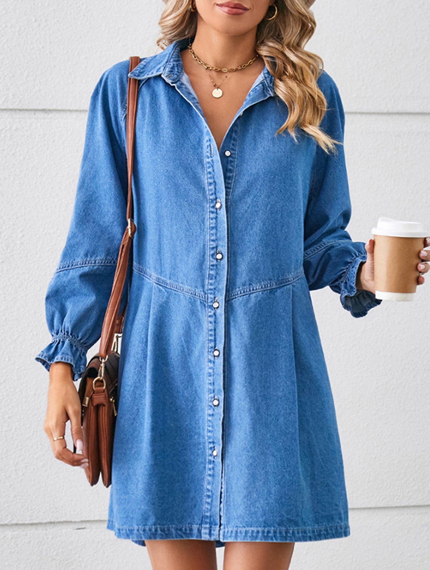 Loose washed long-sleeved patchwork denim dress