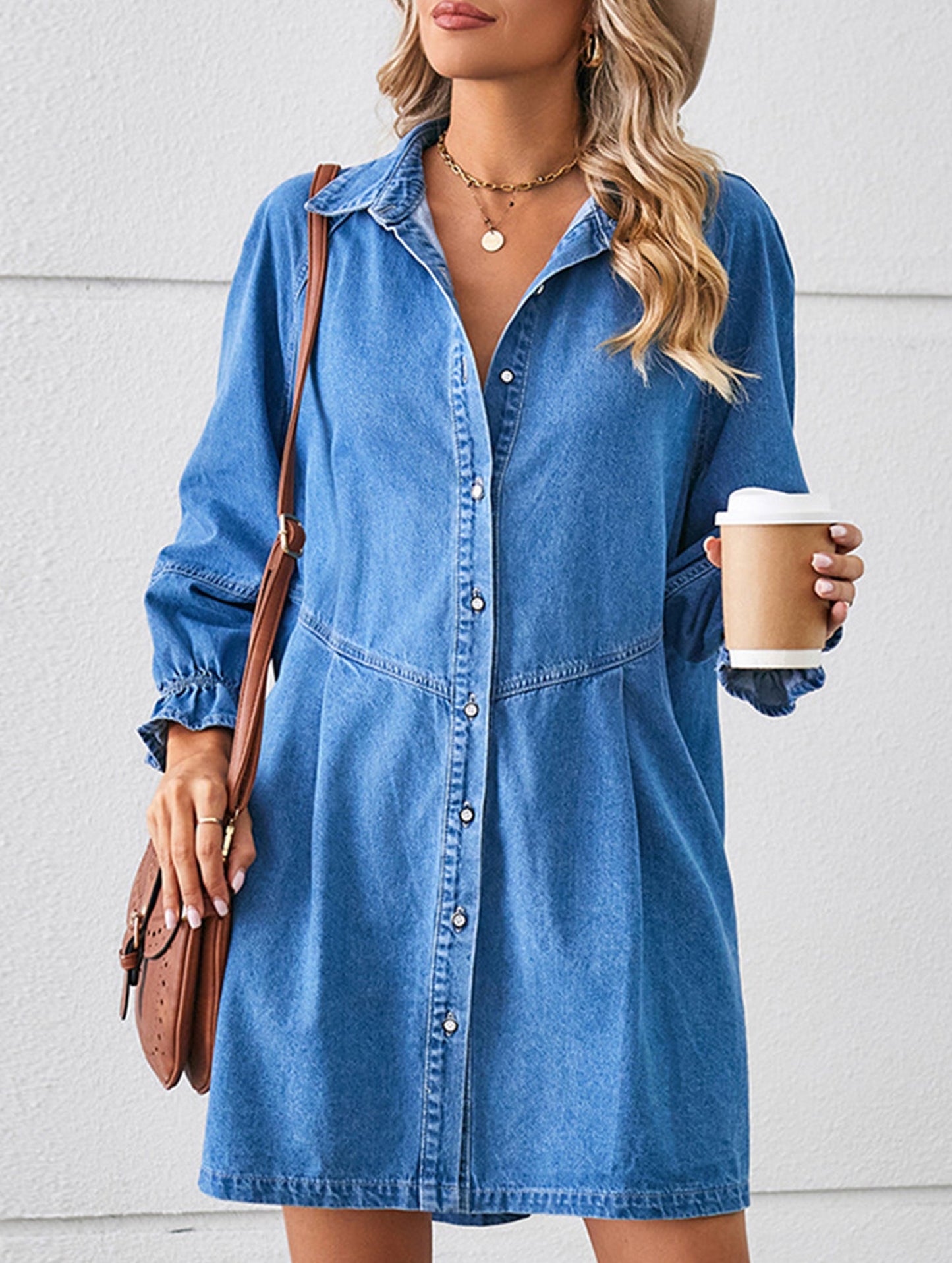 Loose washed long-sleeved patchwork denim dress