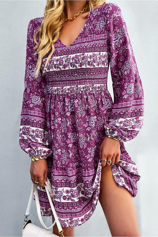 PATTERNED LOOSE SLEEVE MIDI DRESS - Doublju