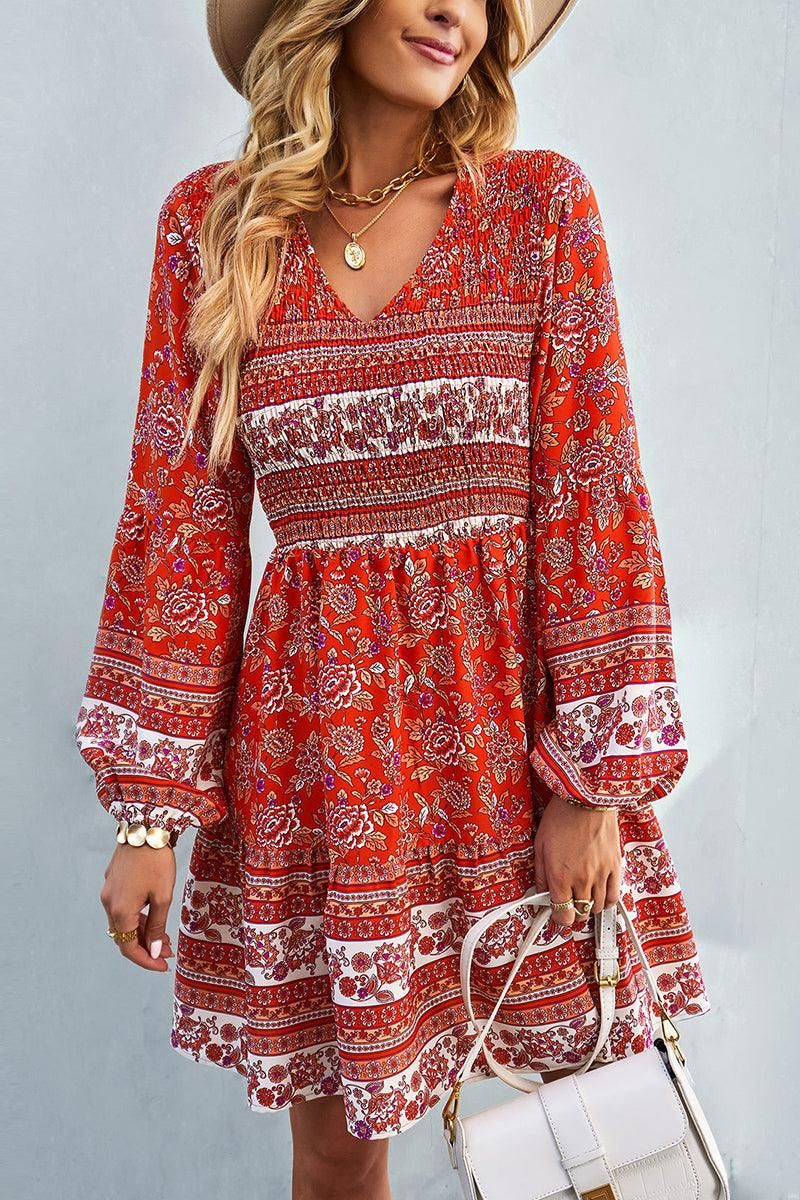 PATTERNED LOOSE SLEEVE MIDI DRESS - Doublju