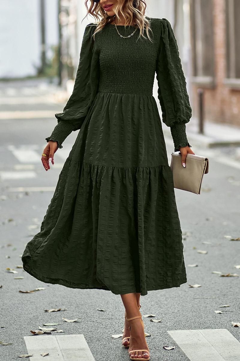 LONG SLEEVED SLIM WAIST SWING DRESS - Doublju
