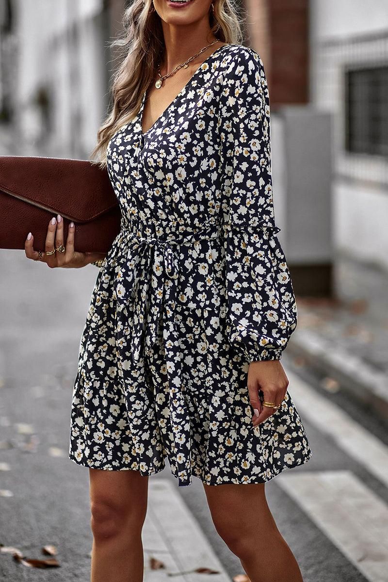 FLORAL PRINTING V NECK CASUAL DRESS - Doublju