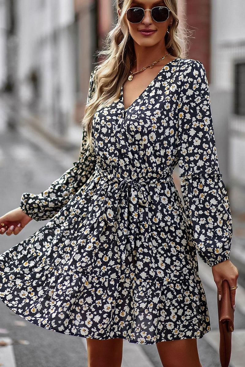 FLORAL PRINTING V NECK CASUAL DRESS - Doublju