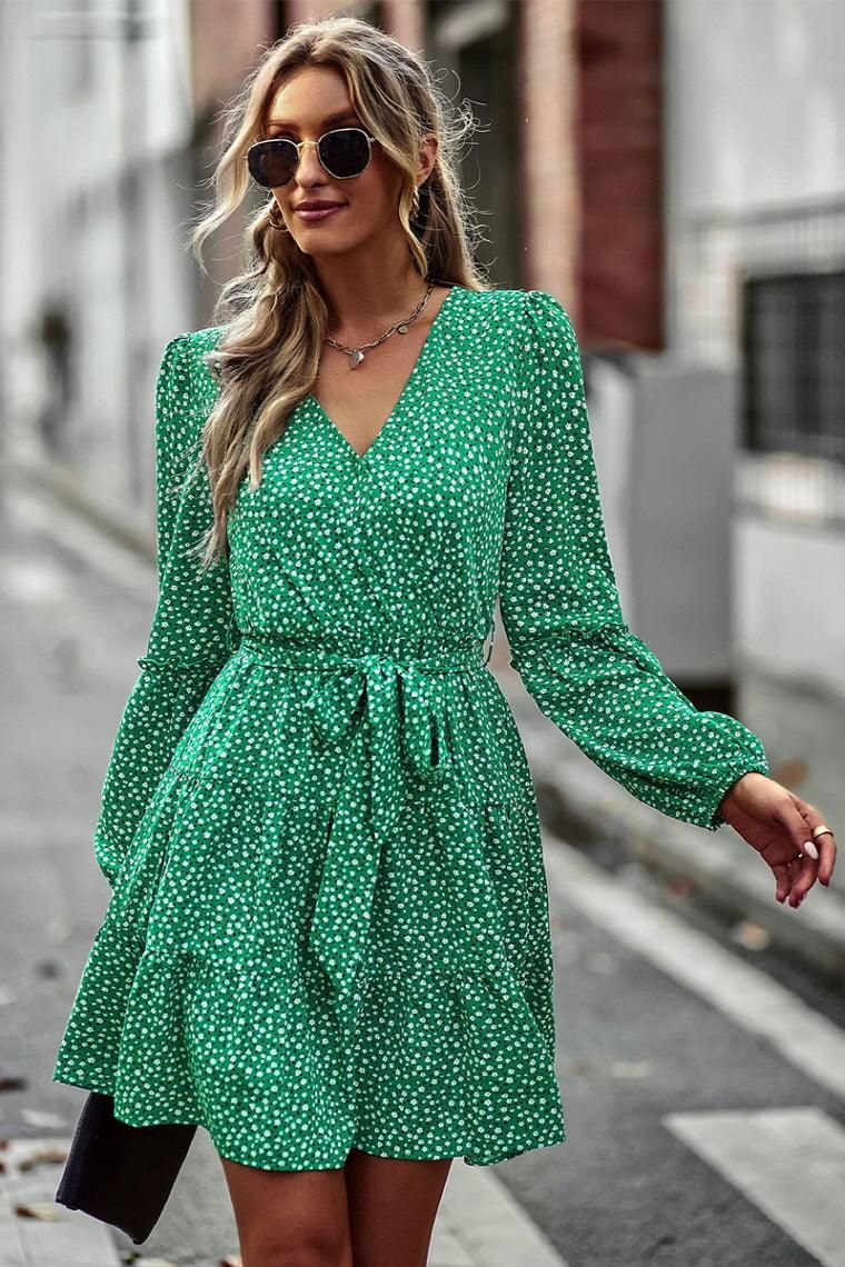 FLORAL PRINTING V NECK CASUAL DRESS - Doublju