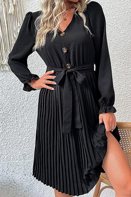 BUTTON DETAILED SLIM WIST PLEATED TRENDY DRESS - Doublju