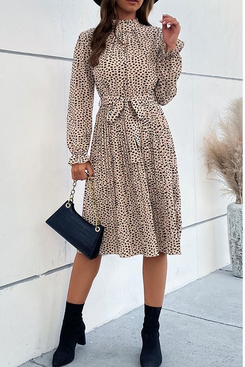 HIGH NECK PLEATED CASUAL DRESS - Doublju