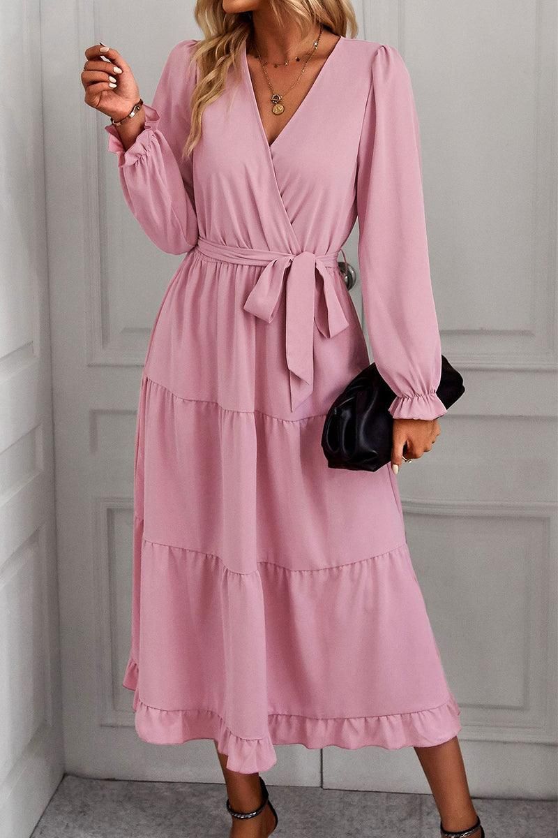 TIED WAIST LAYERED WRAP DRESS - Doublju