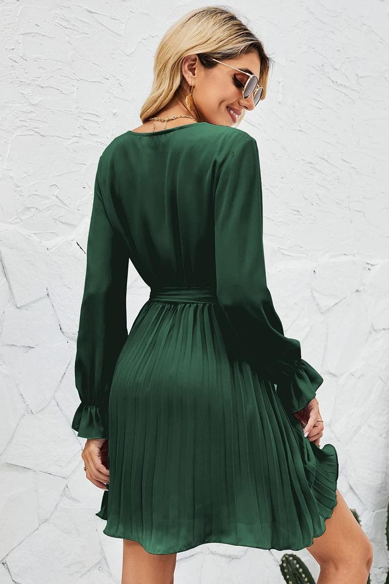 TIED WAIST RUFFLE WRAP DRESS - Doublju