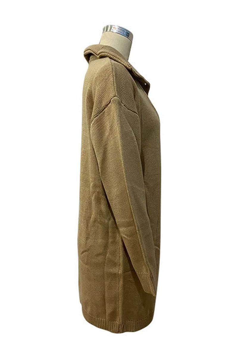 LONG SLEEVED SOLID BUTTON TURTLE NECK DRESS - Doublju