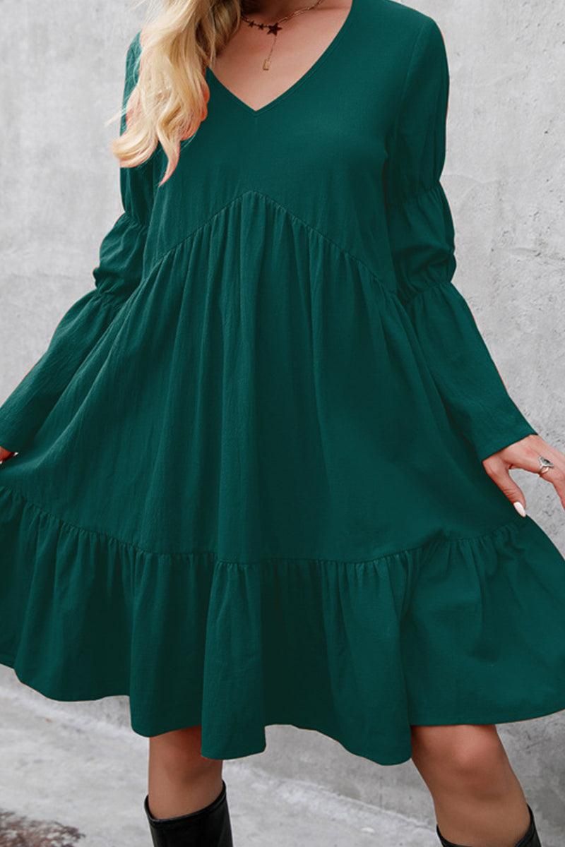 LONG SLEEVE RUFFLED MIDI DRESS - Doublju