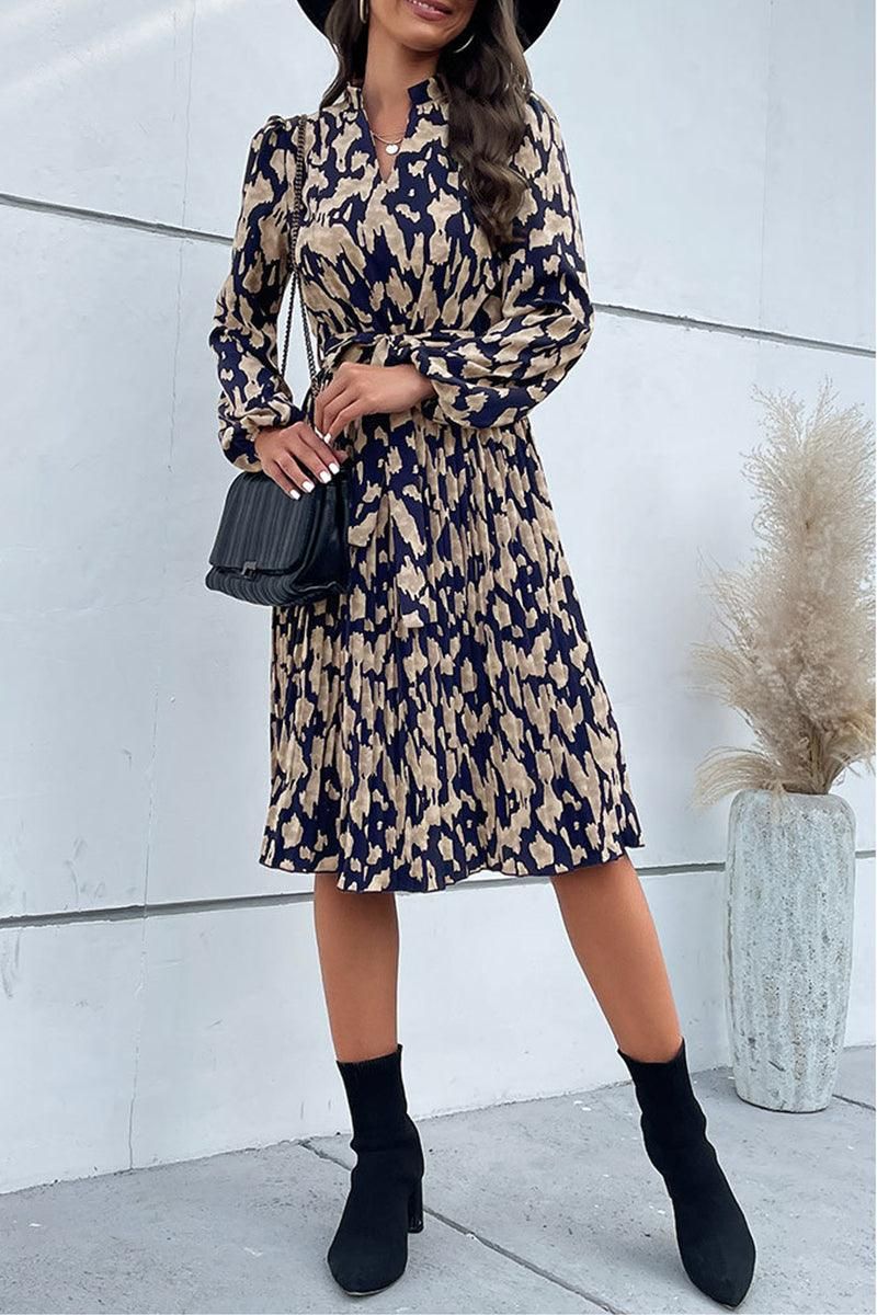 ELEGANT PATTERNED V NECK TIED WAIST DRESS - Doublju