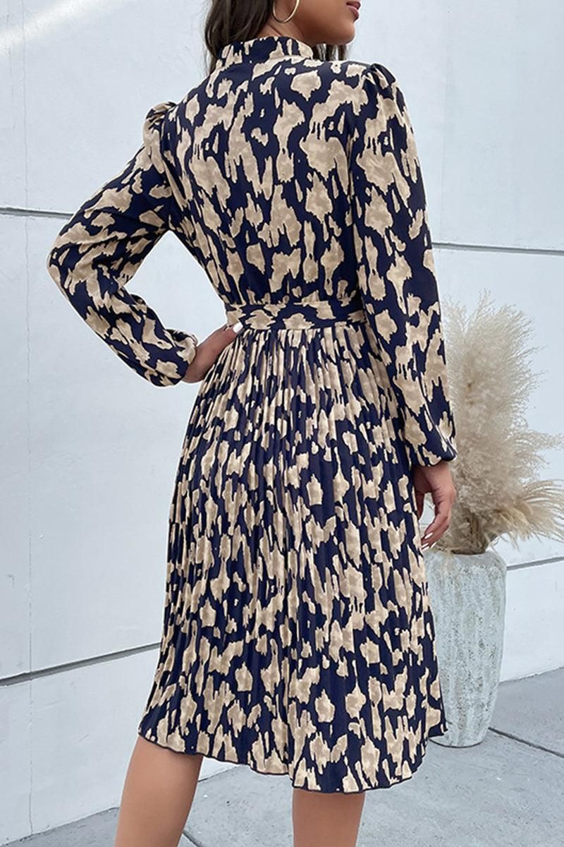 ELEGANT PATTERNED V NECK TIED WAIST DRESS - Doublju