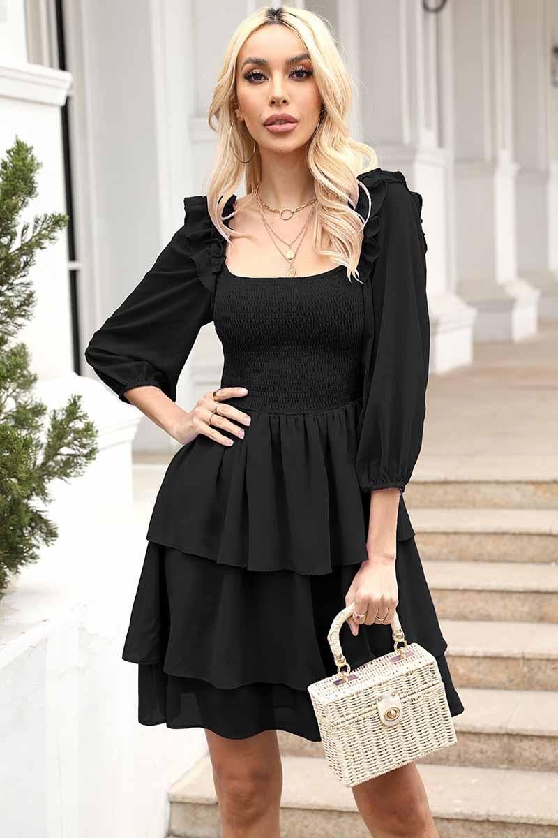 SHORT SQUARE NECK FRILL CAKE DRESS - Doublju