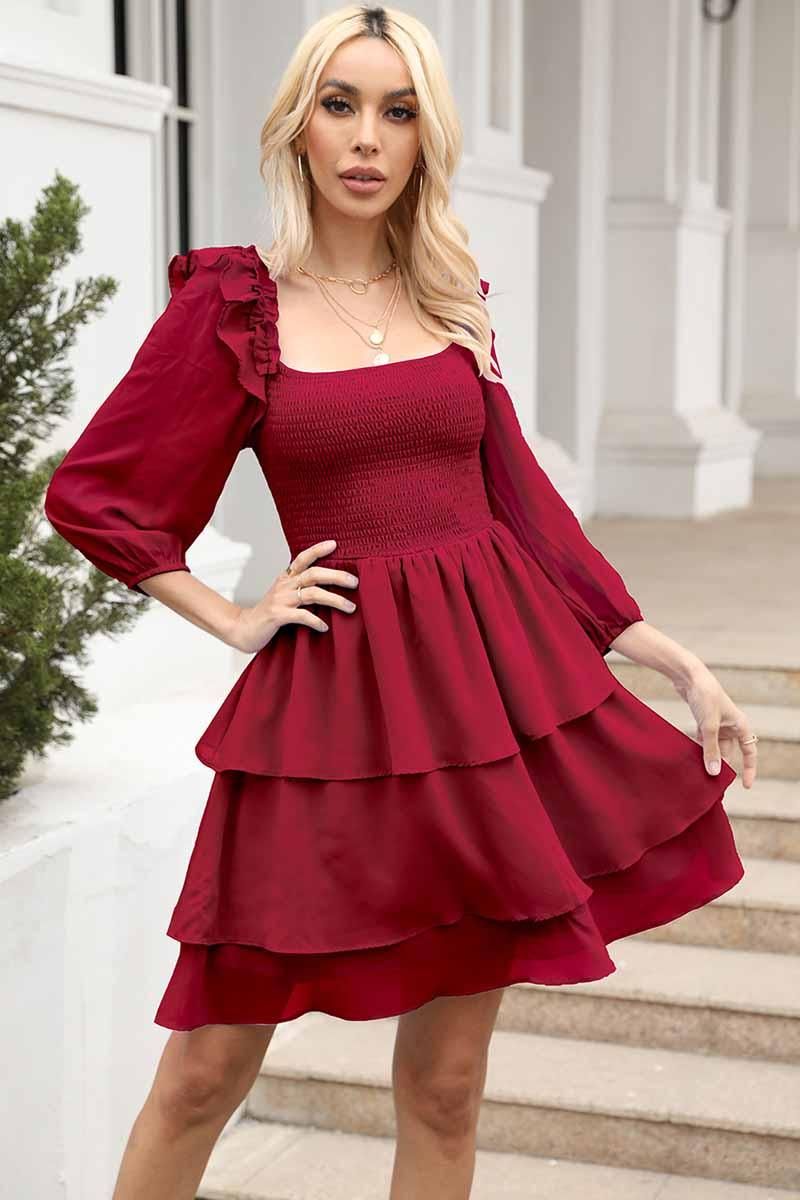 SHORT SQUARE NECK FRILL CAKE DRESS - Doublju
