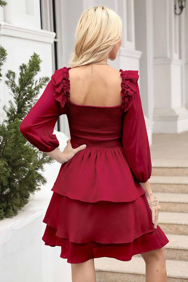 SHORT SQUARE NECK FRILL CAKE DRESS - Doublju