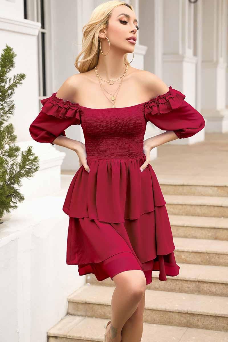 SHORT SQUARE NECK FRILL CAKE DRESS - Doublju