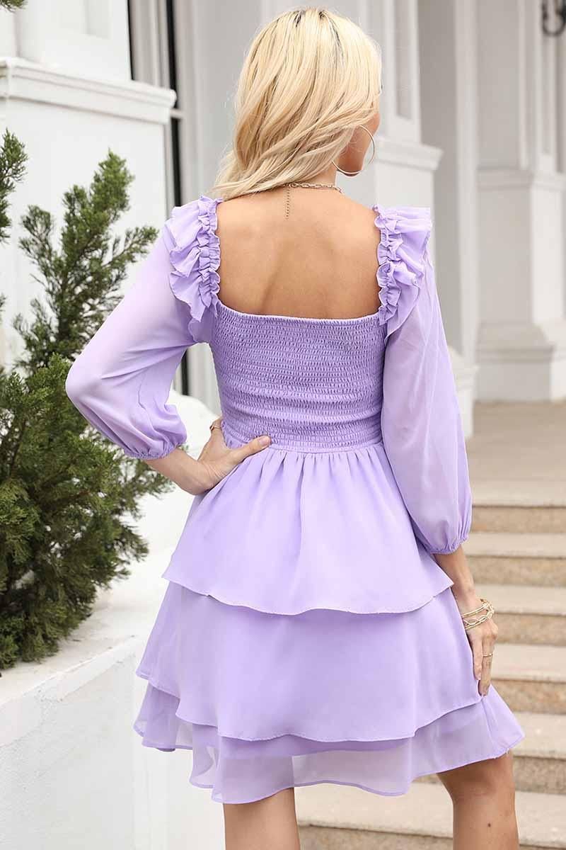 SHORT SQUARE NECK FRILL CAKE DRESS - Doublju