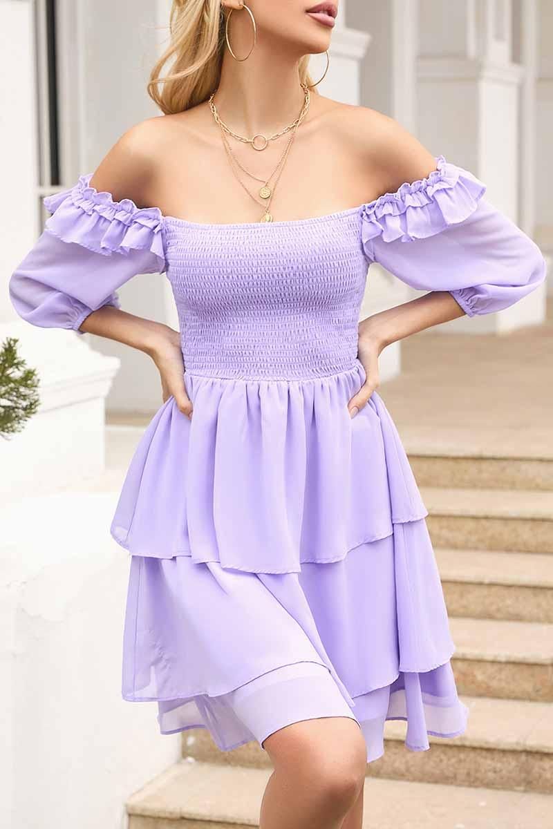 SHORT SQUARE NECK FRILL CAKE DRESS - Doublju