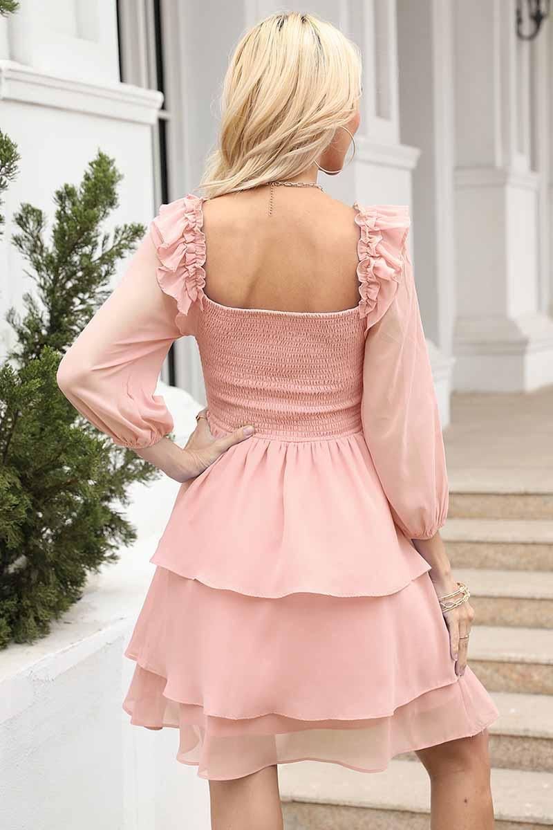 SHORT SQUARE NECK FRILL CAKE DRESS - Doublju