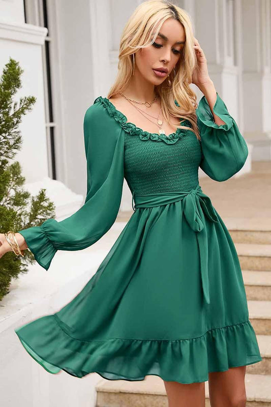 SHORT SQUARE NECK FRILL FLARE DRESS - Doublju