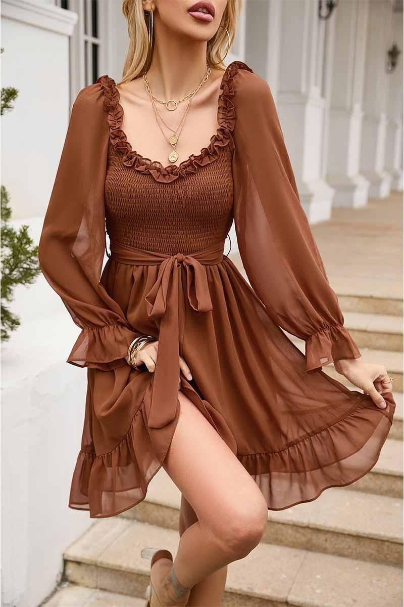 SHORT SQUARE NECK FRILL FLARE DRESS - Doublju