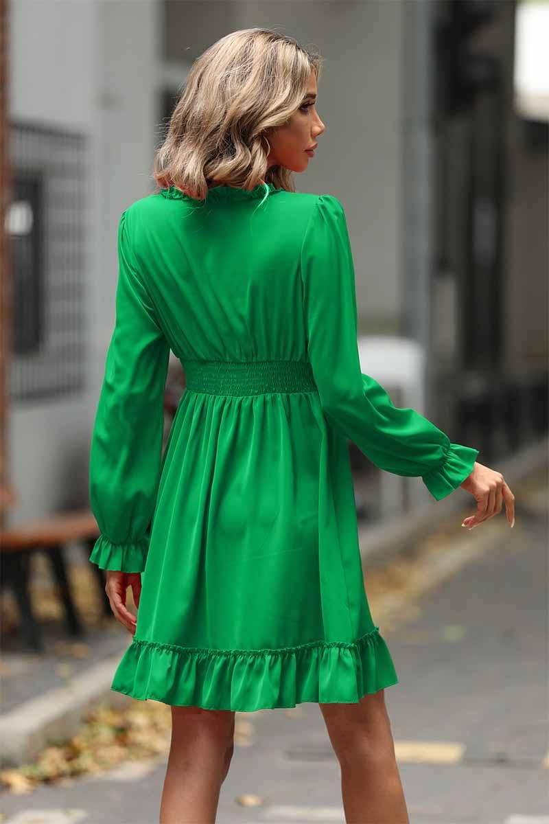 V NECK FRILL FLARE MIDI DRESS - Doublju