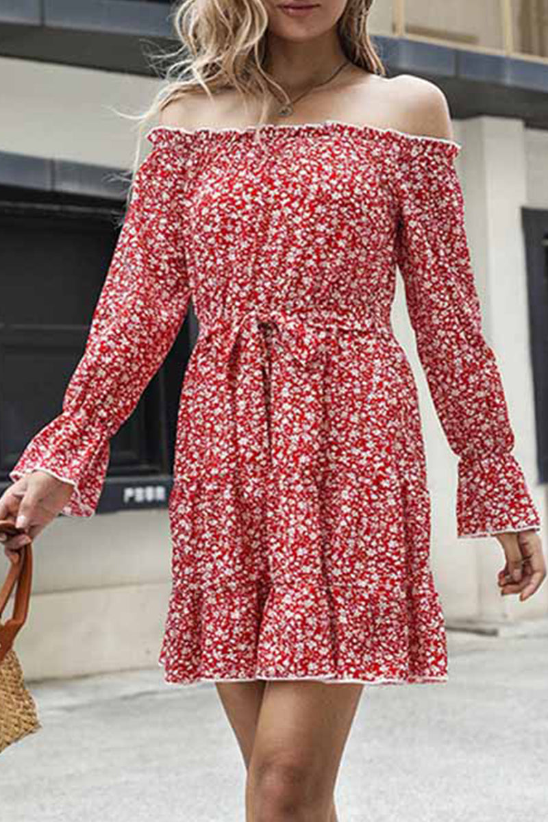 FLORAL STRAP OFF SHOULDER RUFFLE DRESS