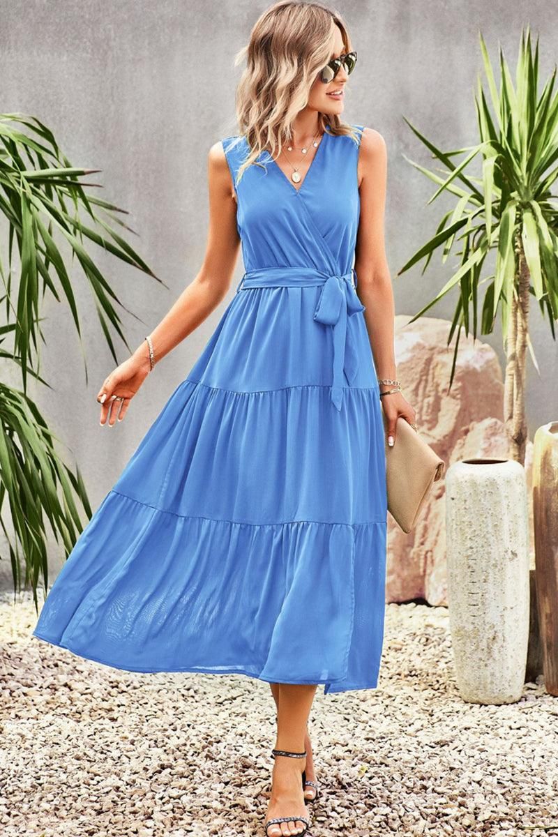 V NECK SLEEVELESS WAIST TIED CASUAL DRESS - Doublju