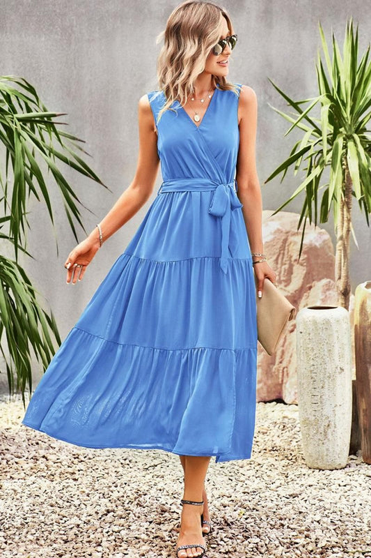 V NECK SLEEVELESS WAIST TIED CASUAL DRESS - Doublju