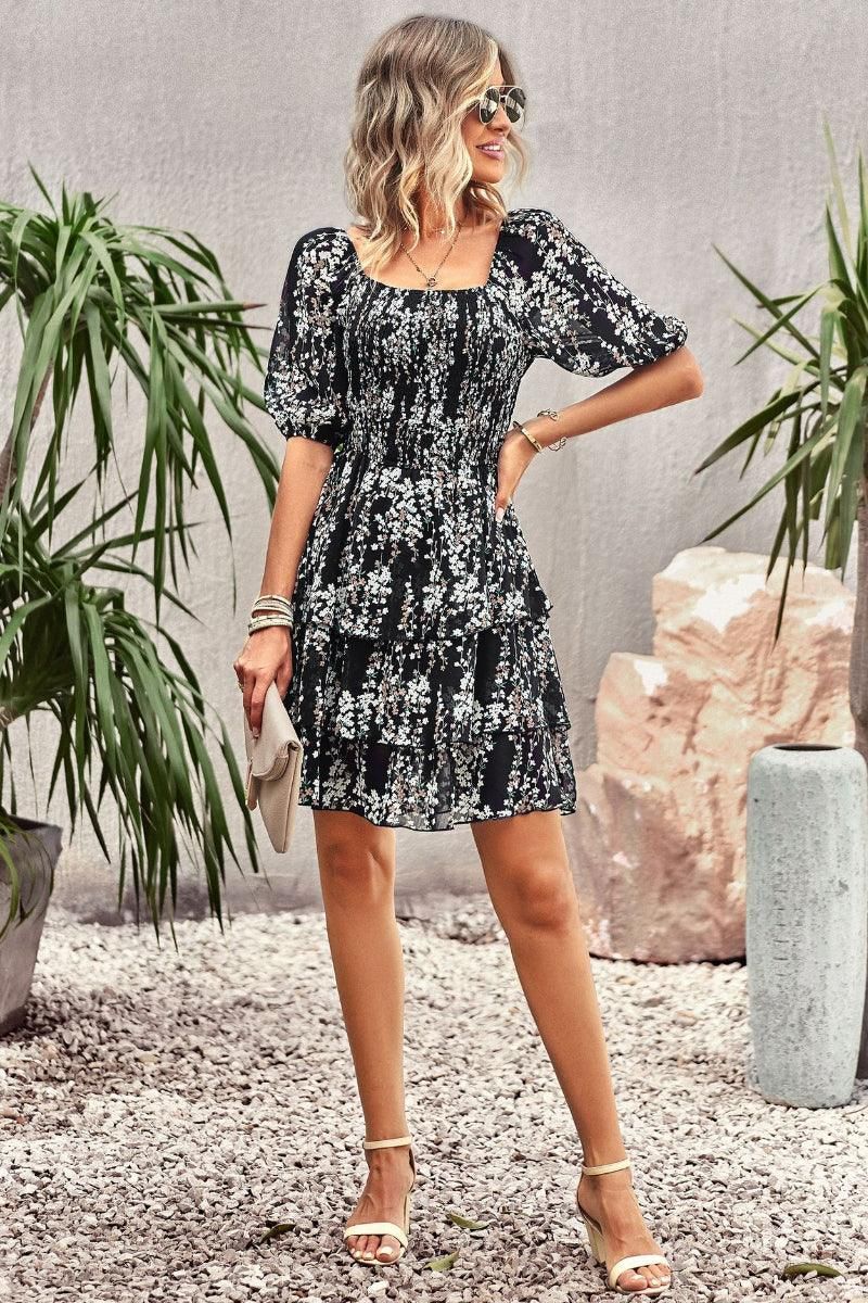 FLORAL PUFF SHOULDER CAKE DRESS - Doublju