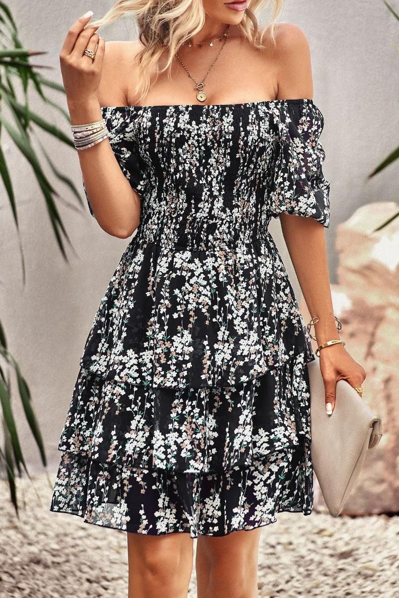 FLORAL PUFF SHOULDER CAKE DRESS - Doublju