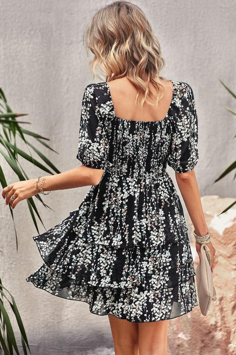 FLORAL PUFF SHOULDER CAKE DRESS - Doublju