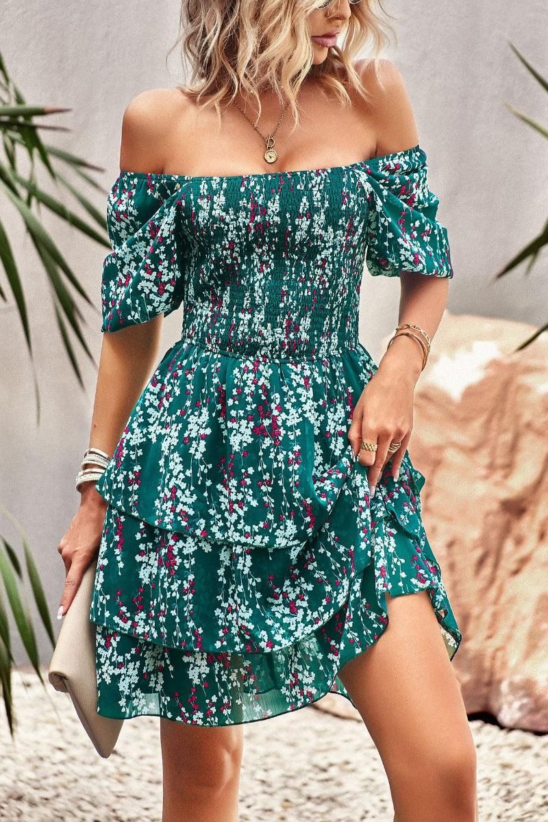 FLORAL PUFF SHOULDER CAKE DRESS - Doublju